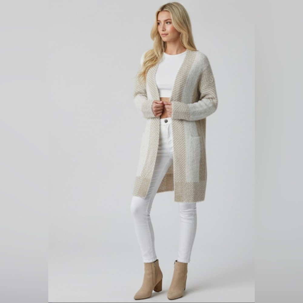 Cream Drop Shoulder Fuzzy Duster Cardigan